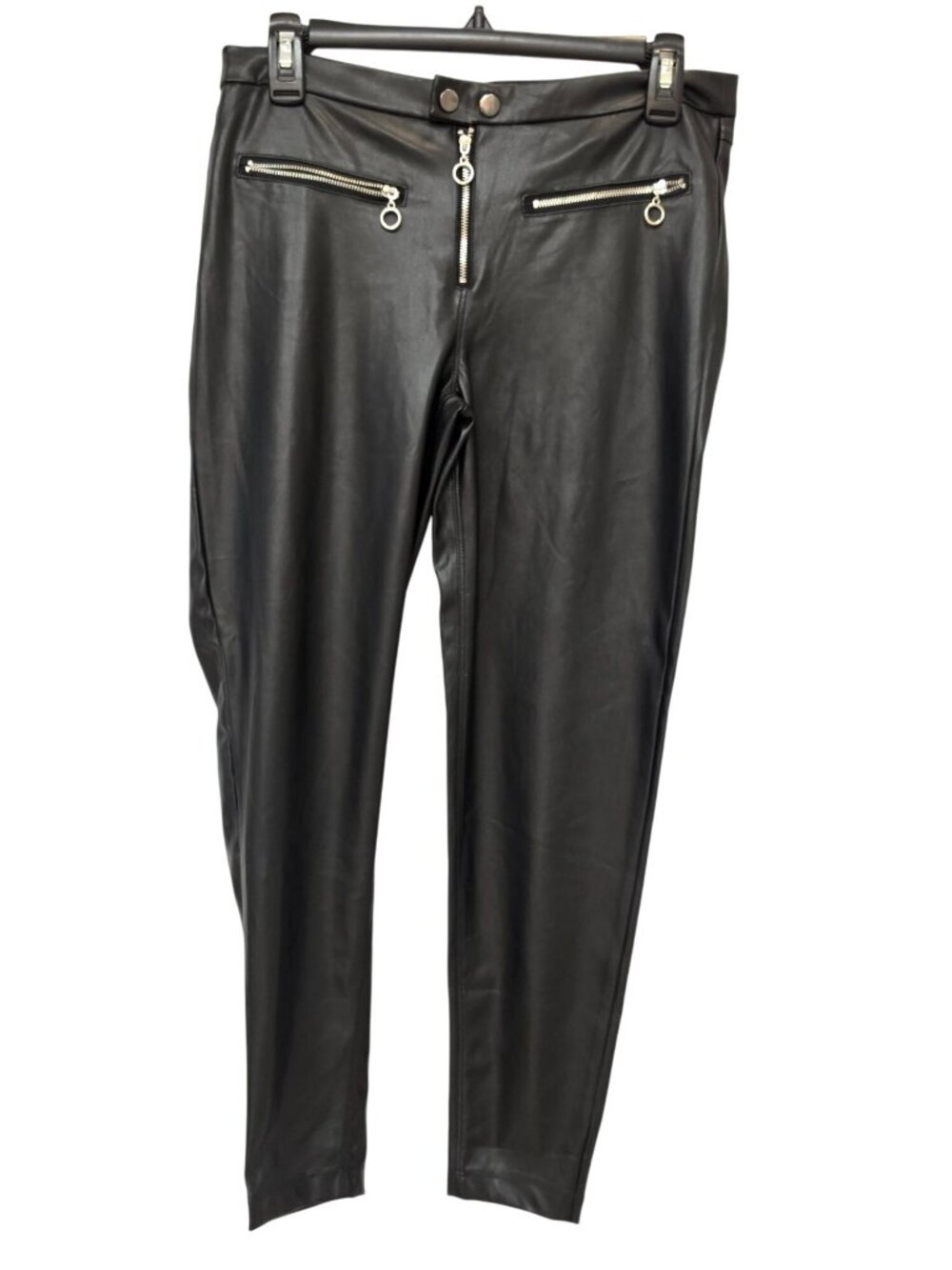 rue21 Black Faux Leather Skinny Ankle Pants Women M Stretch Silver Ring Zip